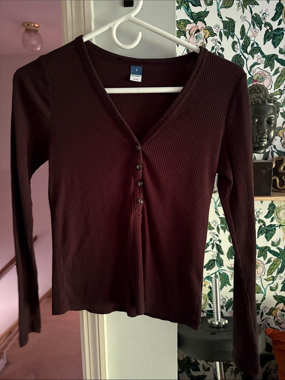Ribbed V-Neck Button Front Long Sleeve Top
